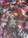 Exotic Floral Printed Crinkled Silk Chiffon with Gold Lurex Pinstripes - Multicolor