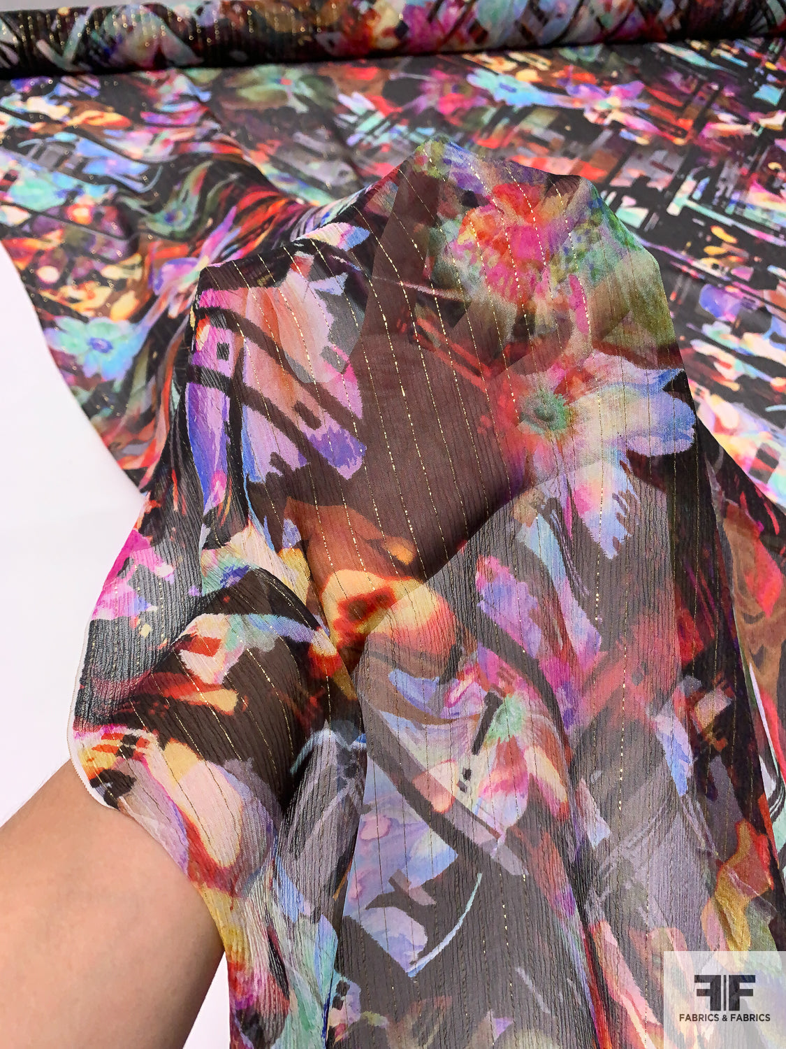 Exotic Floral Printed Crinkled Silk Chiffon with Gold Lurex Pinstripes