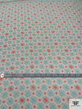 Geometric Printed Metallic Silk Chiffon Panel - Aquamarine / Coral / Off-White