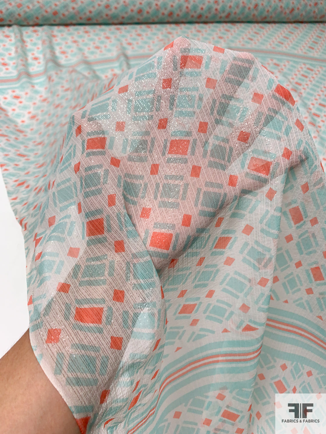 Geometric Printed Metallic Silk Chiffon Panel - Aquamarine / Coral / Off-White