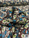 Anna Sui Ditsy Floral Printed Satin Striped Silk Chiffon - Brown / Turquoise / Lime / Off-White