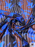 Abstract Printed Satin Striped Silk Chiffon - Blue / Brown / Black