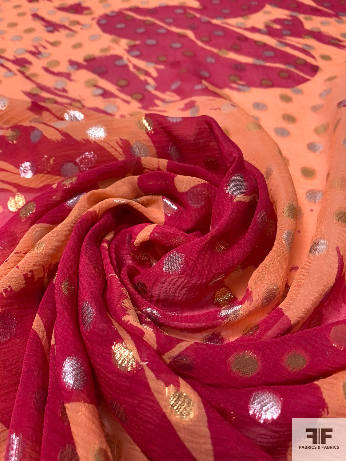 Abstract Printed Crinkled Silk Chiffon with Lurex Dots - Raspberry/Salmon  Orange/Silver/Gold