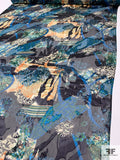 Abstract Printed Burnout Silk Blend Chiffon - Teal / Turquoise / Black / Oranges