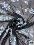 Hand Painted Floral Crinkled Silk Chiffon with Embroidery - Black / Iced Aqua