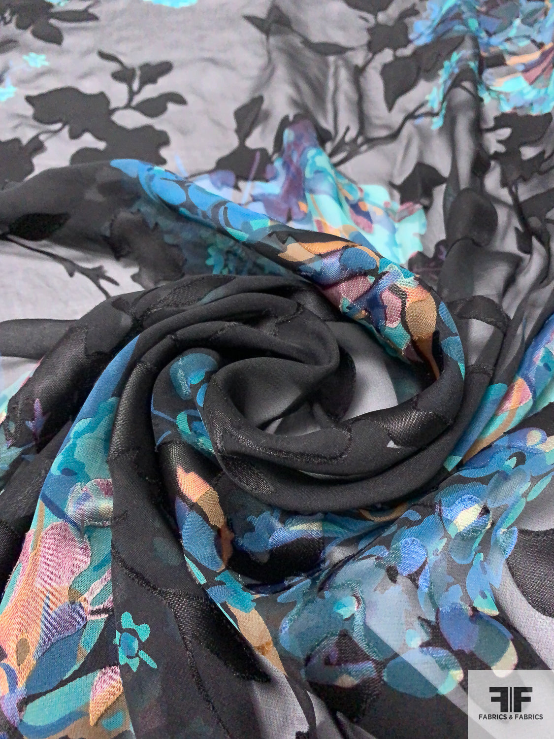 Floral Printed Burnout Silk Blend Chiffon - Shades of Turquoise / Black