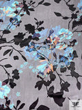 Floral Printed Burnout Silk Blend Chiffon - Shades of Turquoise / Black