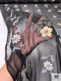 Hand Painted Floral Silk Chiffon with Thread Embroidery - Black / Army Green / Grey / Muted Yellow