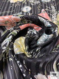 Bicycles and Flowers on Vertical Striped Burnout Silk - Black / Coral / Yellow / Green