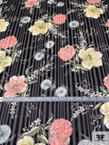Bicycles and Flowers on Vertical Striped Burnout Silk - Black / Coral / Yellow / Green