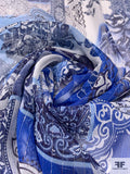 Floral Collage Printed Silk Chiffon with Silver Lurex Pinstripes - Blue / Navy / Off-White