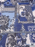 Floral Collage Printed Silk Chiffon with Silver Lurex Pinstripes - Blue / Navy / Off-White