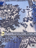 Floral Collage Printed Silk Chiffon with Silver Lurex Pinstripes - Blue / Navy / Off-White