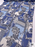 Floral Collage Printed Silk Chiffon with Silver Lurex Pinstripes - Blue / Navy / Off-White