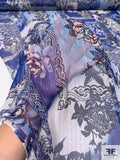 Floral Collage Printed Silk Chiffon with Silver Lurex Pinstripes - Blue / Navy / Off-White