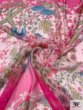 Ornate Leaf Vine Printed and Lurex Pinstriped Silk Chiffon Panel - Hot Pink / Light Pink / Teal / Greens