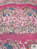 Ornate Leaf Vine Printed and Lurex Pinstriped Silk Chiffon Panel - Hot Pink / Light Pink / Teal / Greens