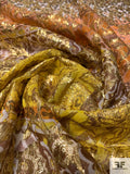 Boho Floral and Linear Printed Silk Chiffon with Gold Lurex Design - Yellow / Gold / Orange-Peach / Brown