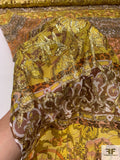 Boho Floral and Linear Printed Silk Chiffon with Gold Lurex Design - Yellow / Gold / Orange-Peach / Brown