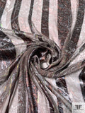Exotic Abstract Printed Satin Striped Silk Chiffon with Lurex Pinstripes - Greys / Brown / Green / Rose Gold