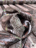 Exotic Abstract Printed Satin Striped Silk Chiffon with Lurex Pinstripes - Greys / Brown / Green / Rose Gold