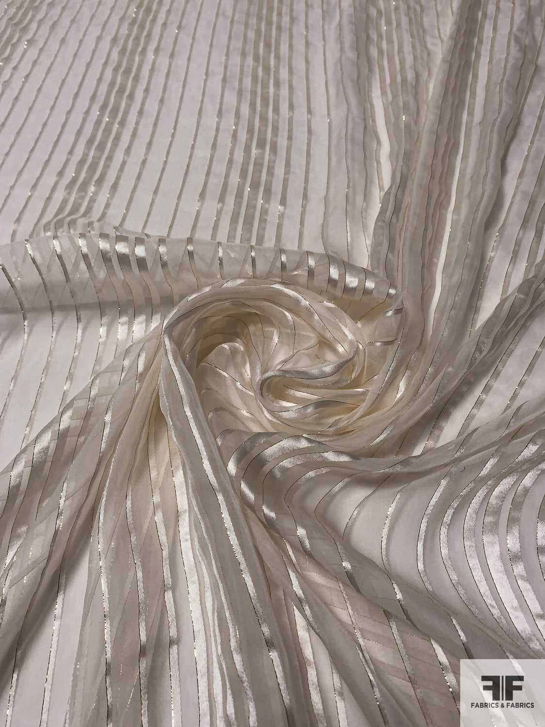 Satin Striped Silk Chiffon with Lurex Pinstripes - Ivory / Gold