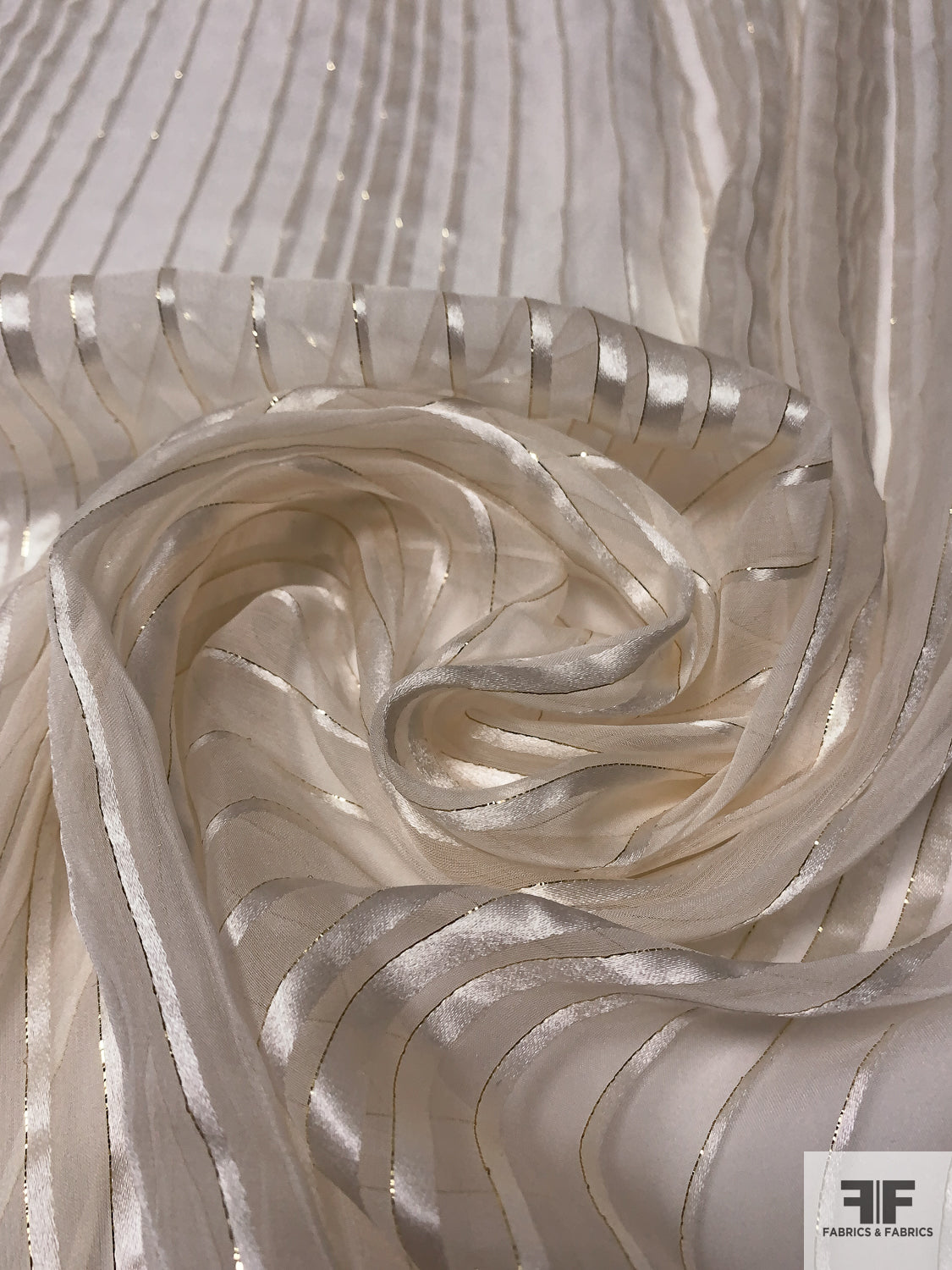 Satin Striped Silk Chiffon with Lurex Pinstripes - Ivory / Gold
