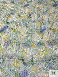 Tropical Floral and Leaf Sketch Printed Satin Plaid Silk Chiffon - Green / Yellow / Off-White / Blue