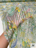 Tropical Floral and Leaf Sketch Printed Satin Plaid Silk Chiffon - Green / Yellow / Off-White / Blue