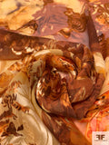 Romantic Floral Printed Burnout Silk-Rayon Chiffon - Shades of Brown / Orange / Caramel