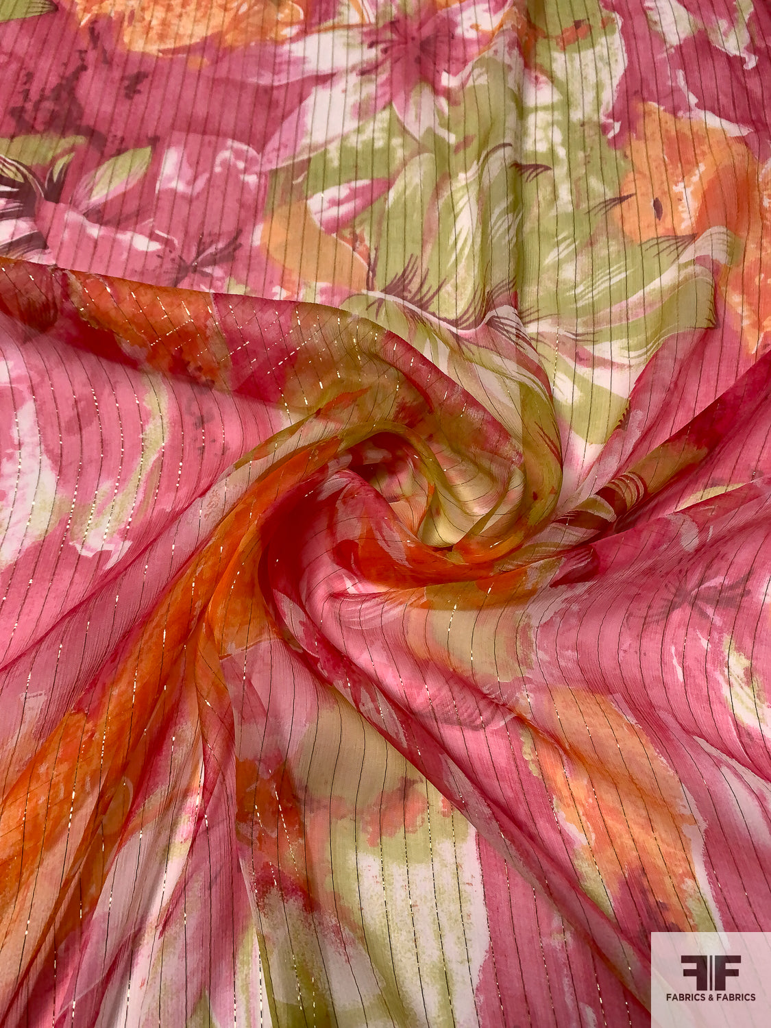 Tropical Floral Printed Silk Chiffon with Gold Lurex Pinstripes
