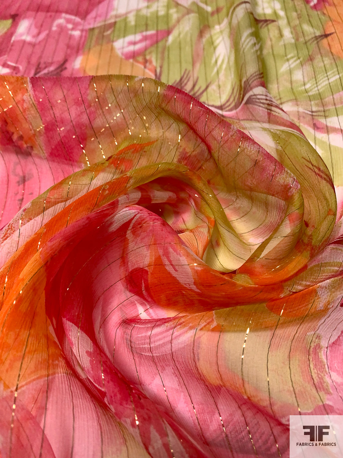 Tropical Floral Printed Silk Chiffon with Gold Lurex Pinstripes