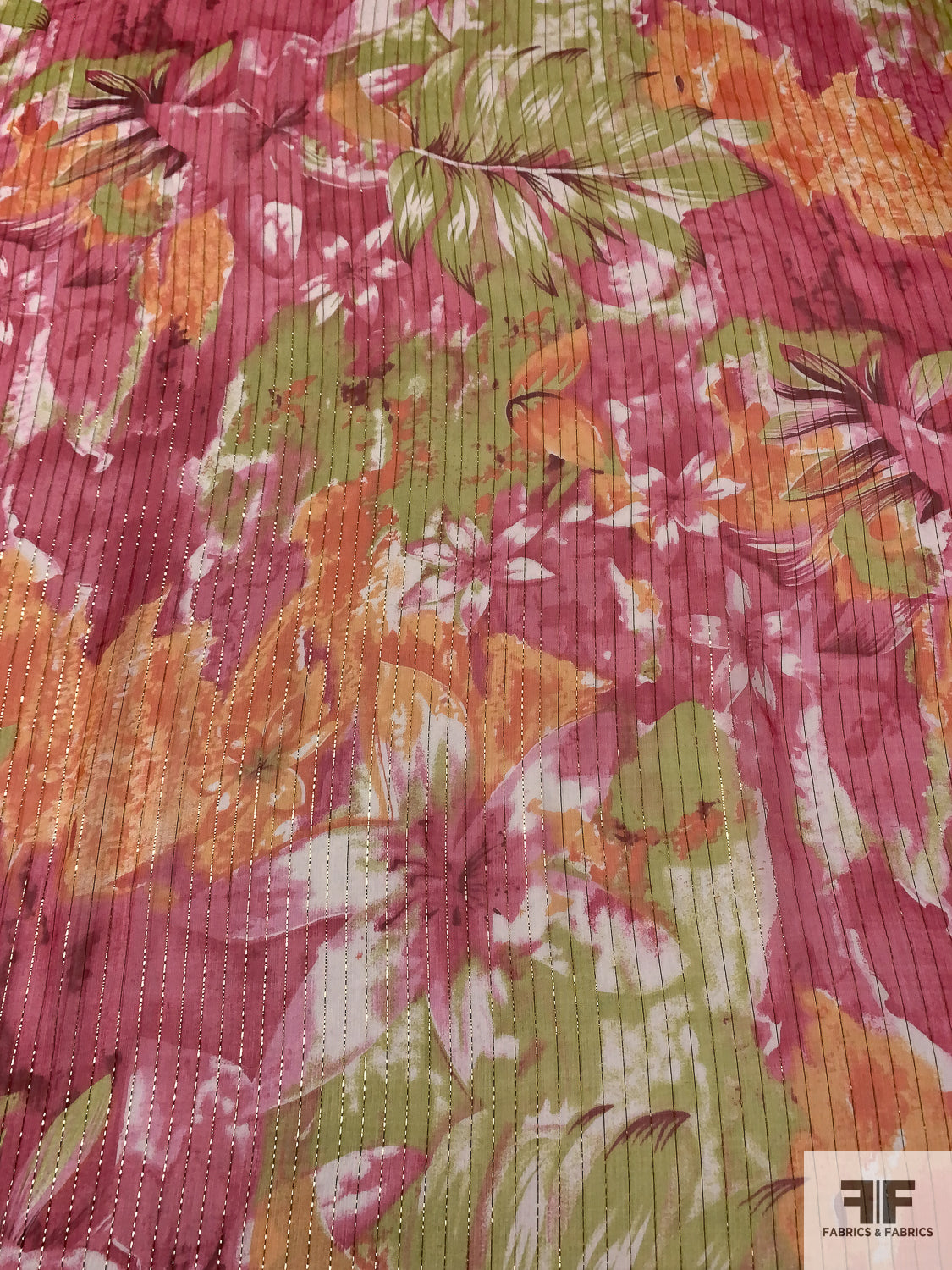 Tropical Floral Printed Silk Chiffon with Gold Lurex Pinstripes