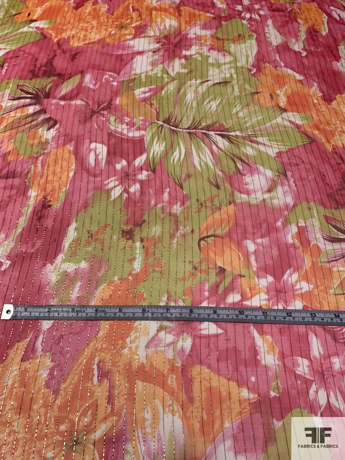 Tropical Floral Printed Silk Chiffon with Gold Lurex Pinstripes