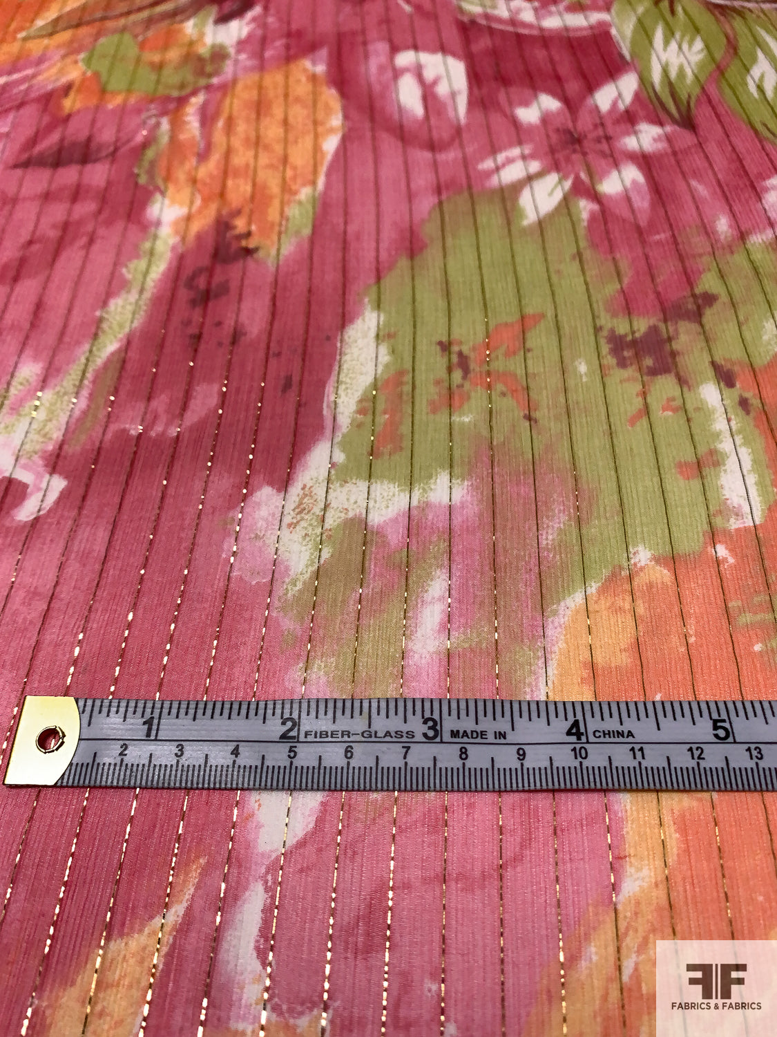 Tropical Floral Printed Silk Chiffon with Gold Lurex Pinstripes