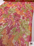 Tropical Floral Printed Silk Chiffon with Gold Lurex Pinstripes - Magenta / Pink / Orange / Lime