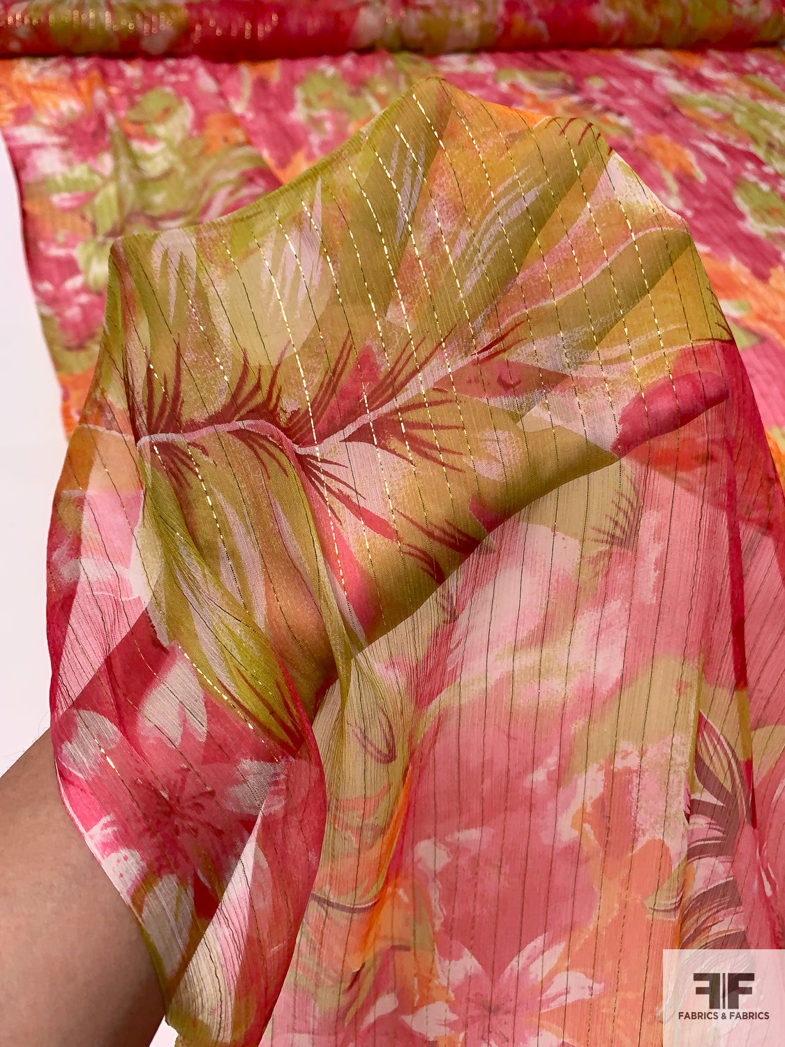 Tropical Floral Printed Silk Chiffon with Gold Lurex Pinstripes