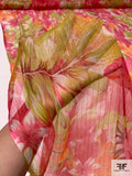 Tropical Floral Printed Silk Chiffon with Gold Lurex Pinstripes - Magenta / Pink / Orange / Lime