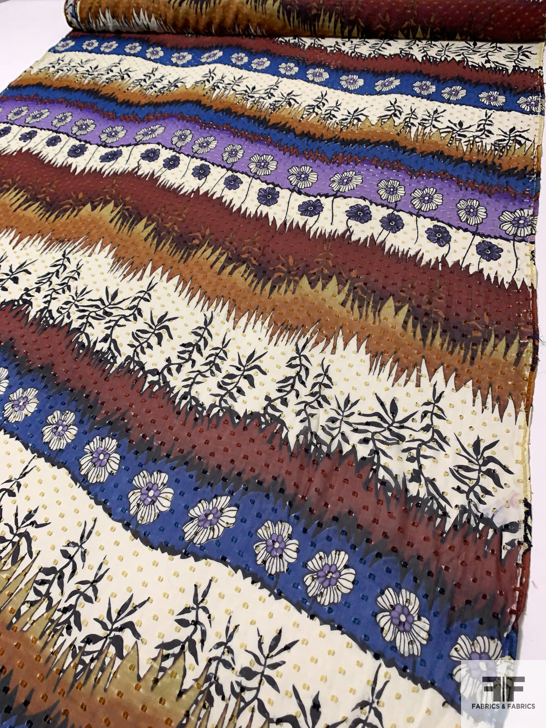 Agriculture Inspired Printed Clip Silk Chiffon - Blue / Browns / Cream / Purple