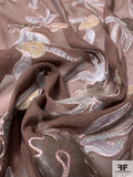 Hand Painted Floral Crinkled Silk Chiffon with  Embroidery - Brown / Iced Aqua / Iced Olive
