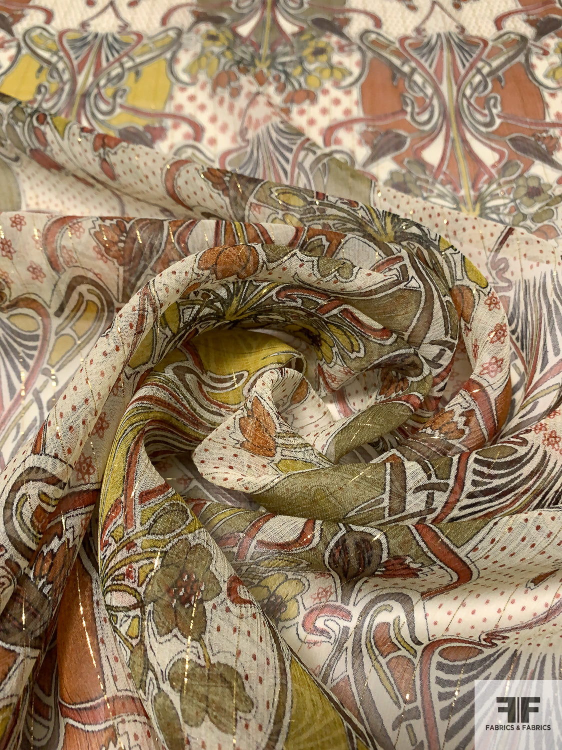 Exotic Printed Silk Chiffon with Gold Lurex Pinstripes Olive Green