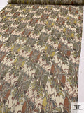 Exotic Printed Silk Chiffon with Gold Lurex Pinstripes - Olive Green / Chartreuse / Burnt Orange