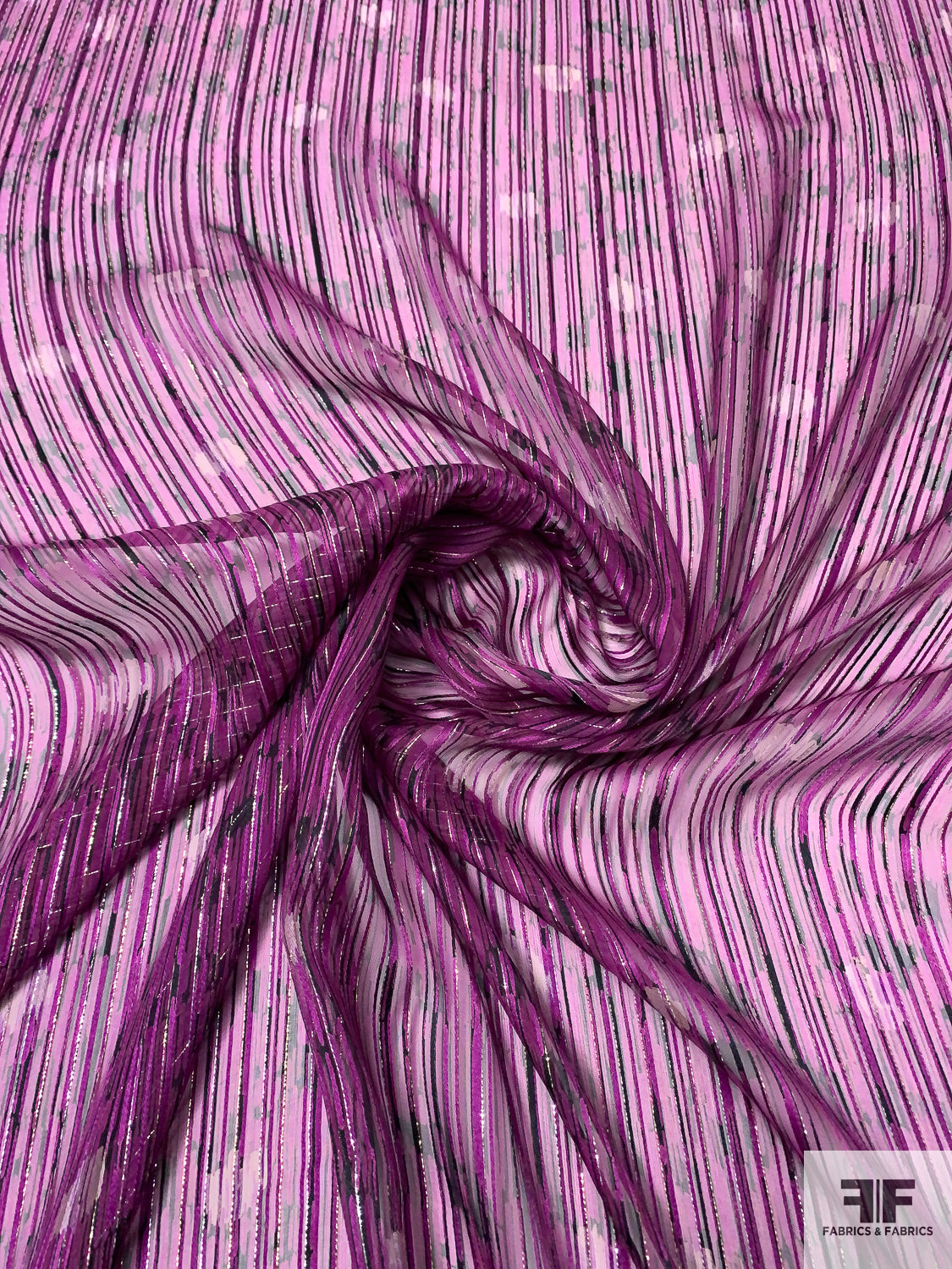 French Abstract Printed Satin Striped Chiffon with Lurex Pinstripes - Boysenberry / Black / Gold / Silver