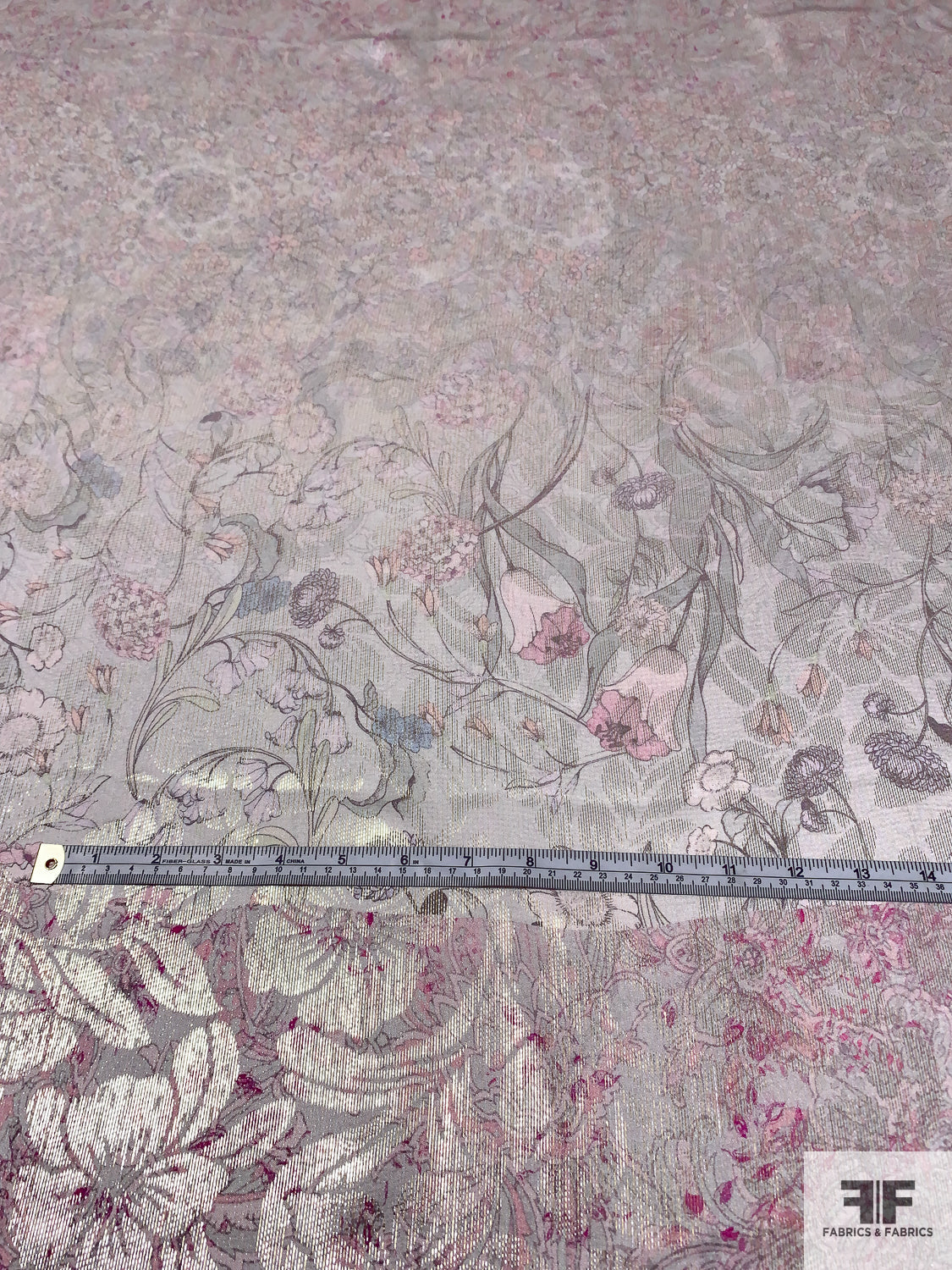 Floral Printed Metallic Silk Charmeuse Panel - Light Grey / Light Pastels / Silver / Gold / Pinks