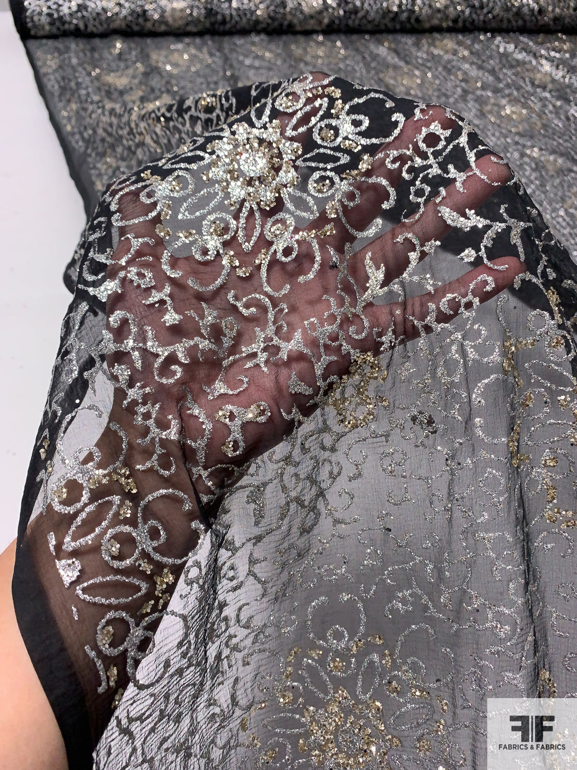 Cracked Ice Design on Silk Chiffon - Black/Silver/Gold