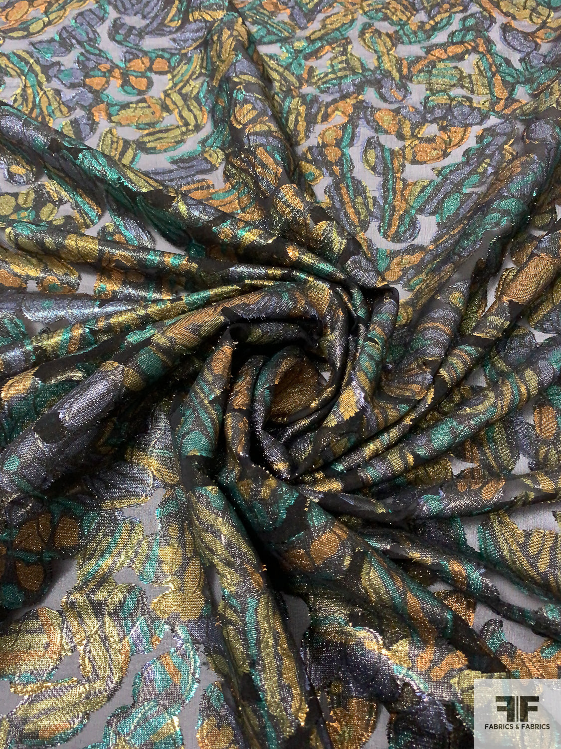 Swirling Paisley Metallic Printed Clip Silk Chiffon - Green / Yellow / Tangerine / Black