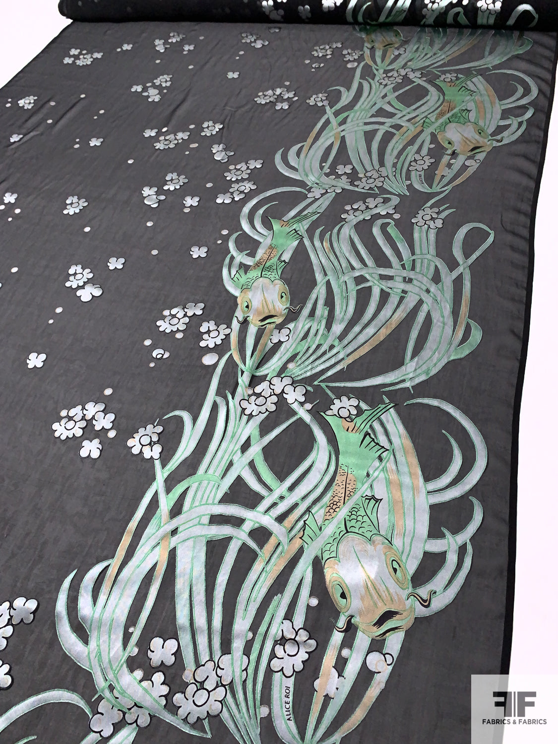 Fish Motif Printed Burnout Silk Chiffon - Black / Grey / Mint Green / Nude