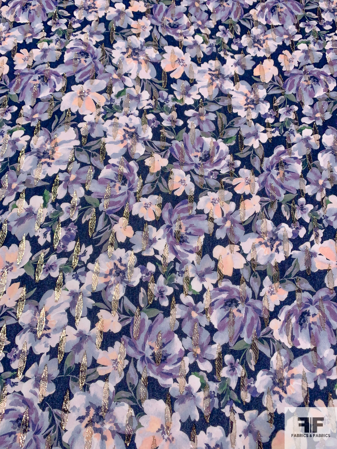Floral Printed Georgette with Lurex Detailing - Navy / Lavender / Light Peach / Gold