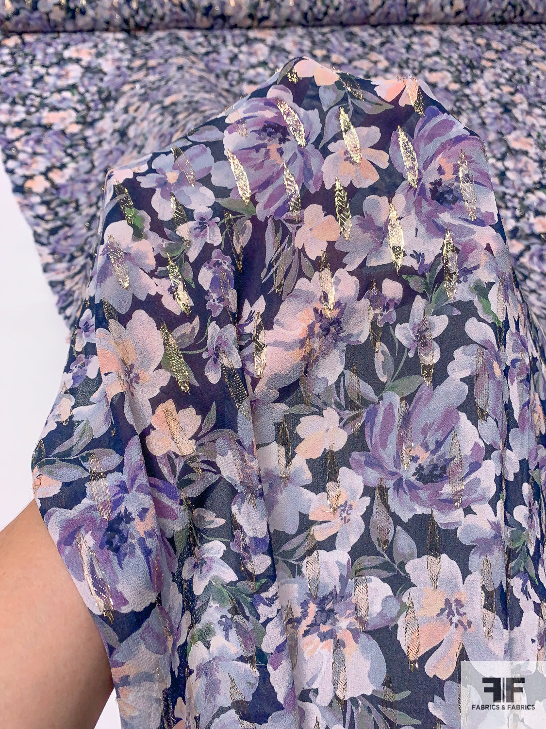 Floral Printed Georgette with Lurex Detailing - Navy / Lavender / Light Peach / Gold