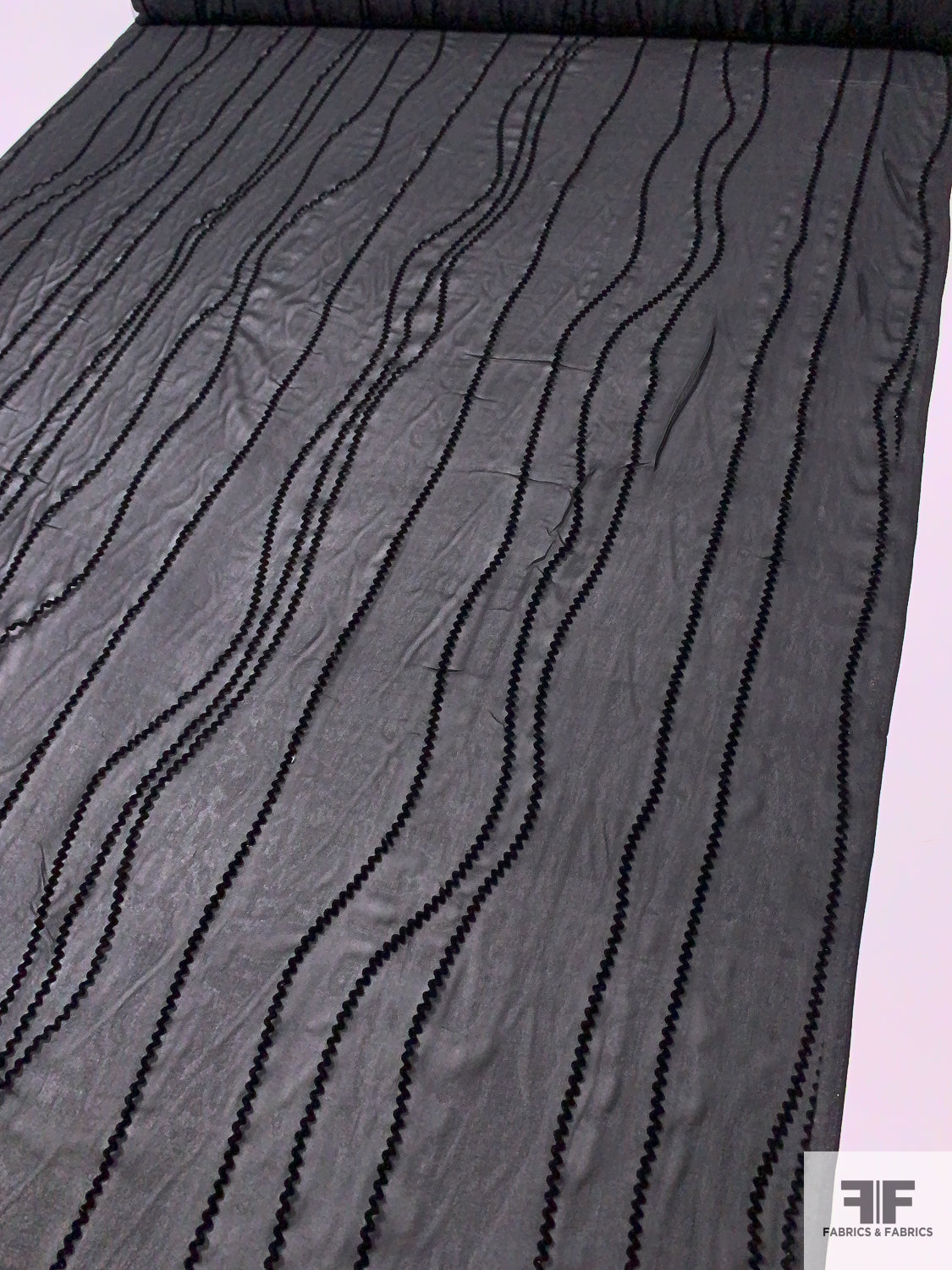 Wavy Lines Flocked Silk Chiffon - Black